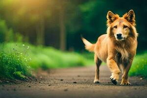 ein Hund Gehen auf ein Straße im das Wald. KI-generiert foto