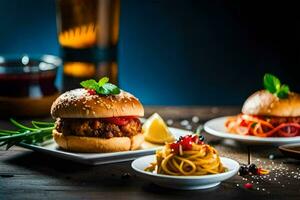 drei Burger und ein Glas von Wein auf ein Tisch. KI-generiert foto