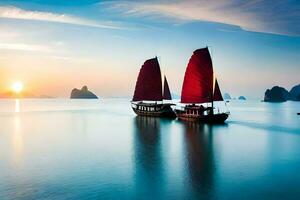 zwei Boote mit rot Segel im das Ozean beim Sonnenuntergang. KI-generiert foto