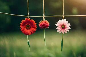 drei Blumen hängend von ein Kabel. KI-generiert foto