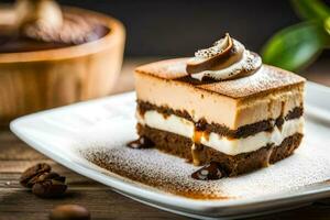 ein Stück von Schokolade Kuchen mit ausgepeitscht Sahne und Kaffee Bohnen. KI-generiert foto