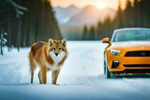 ein Wolf und ein Ford Mustang im das Schnee. KI-generiert foto