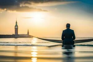 ein Mann Sitzung im ein Hängematte auf das Strand beim Sonnenuntergang. KI-generiert foto