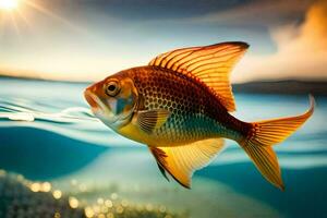 ein Fisch Schwimmen im das Ozean beim Sonnenuntergang. KI-generiert foto