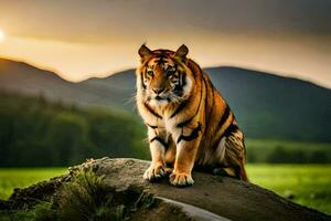 ein Tiger Sitzung auf ein Felsen im das Mitte von ein Feld. KI-generiert foto