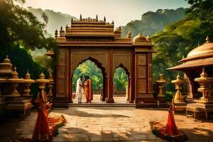 ein Paar ist Stehen im Vorderseite von ein indisch Tempel. KI-generiert foto