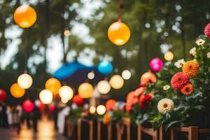 bunt Blumen und Luftballons sind hängend von ein hölzern Zaun. KI-generiert foto