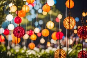 bunt Papier Laternen hängend von ein Baum. KI-generiert foto