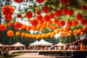 Orange Papier pom Poms hängend von das Decke. KI-generiert foto