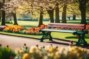 ein Park Bank ist umgeben durch Blumen. KI-generiert foto