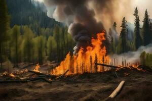 ein Wald Feuer ist Verbrennung im das Mitte von ein Wald. KI-generiert foto