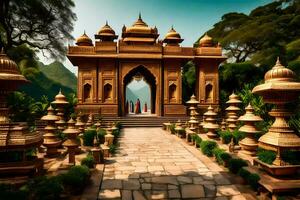 das Eingang zu ein Tempel im das Berge. KI-generiert foto