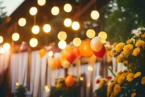 Gelb und Orange Luftballons und Blumen im ein Garten. KI-generiert foto