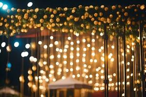 ein Hochzeit Zeremonie mit Beleuchtung und Girlanden. KI-generiert foto