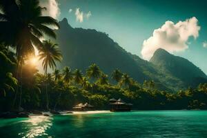 tropisch Insel mit Palme Bäume und Berge. KI-generiert foto