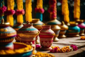 indisch Hochzeit Dekor mit bunt Töpfe und Girlanden. KI-generiert foto
