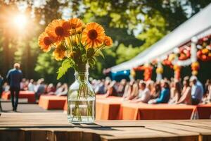 ein Vase von Blumen auf ein Tabelle im Vorderseite von ein Menge. KI-generiert foto