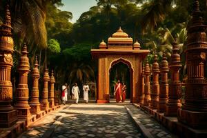 ein Gruppe von Menschen Gehen durch ein Park mit ein Tempel im das Hintergrund. KI-generiert foto