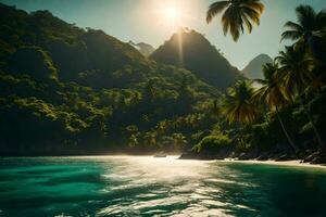 ein tropisch Strand mit Palme Bäume und das Sonne leuchtenden. KI-generiert foto