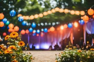 ein Garten mit bunt Laternen und Blumen. KI-generiert foto