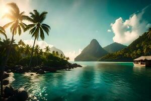 ein tropisch Insel mit Palme Bäume und ein Hütte. KI-generiert foto