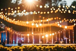 ein Bühne mit Beleuchtung und Blumen im das Hintergrund. KI-generiert foto
