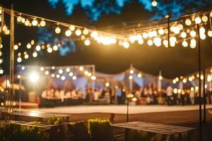 ein Hochzeit Rezeption mit Beleuchtung und Tische. KI-generiert foto