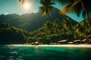 tropisch Strand mit Palme Bäume und Hütten. KI-generiert foto