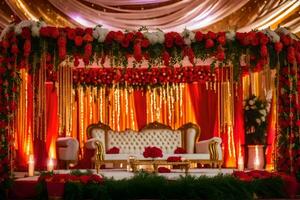 ein indisch Hochzeit Bühne dekoriert mit rot und Gold Blumen. KI-generiert foto