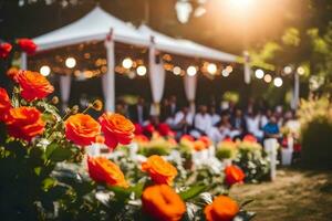 ein Hochzeit Zeremonie im das Garten mit Orange Rosen. KI-generiert foto