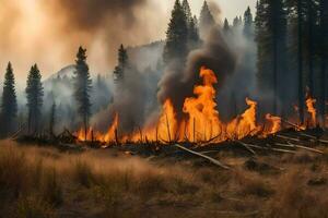 ein Wald Feuer brennt im das Hintergrund. KI-generiert foto