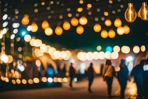 Menschen Gehen durch ein Stadt beim Nacht mit Beleuchtung. KI-generiert foto