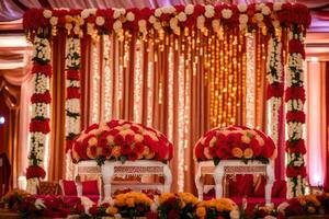 ein indisch Hochzeit Zeremonie mit rot und Orange Blumen. KI-generiert foto