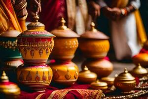 indisch Hochzeit Zeremonie mit bunt Töpfe. KI-generiert foto