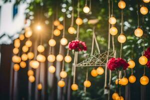 ein Zeichenfolge von Beleuchtung und Blumen hängen von ein Baum. KI-generiert foto