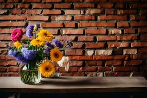 ein Vase von Blumen auf ein Tabelle im Vorderseite von ein Backstein Mauer. KI-generiert foto