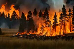 ein Feuer brennt im das Wald in der Nähe von ein Haus. KI-generiert foto