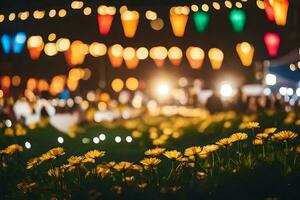 ein Feld von Blumen beim Nacht mit Beleuchtung. KI-generiert foto