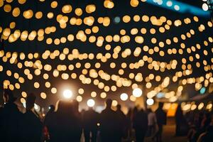 Menschen Gehen durch ein Stadt beim Nacht mit Beleuchtung. KI-generiert foto