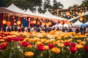 ein Feld von rot und Gelb Tulpen mit Zeichenfolge Beleuchtung. KI-generiert foto