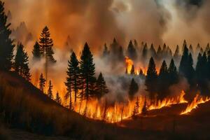 ein Wald Feuer ist Verbrennung im das Hintergrund. KI-generiert foto