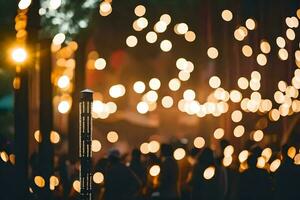 ein Menge von Menschen sind Stehen im Vorderseite von ein beleuchtet Straße Lampe. KI-generiert foto