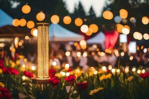 ein beleuchtet Kerze ist im das Mitte von ein Feld von Blumen. KI-generiert foto