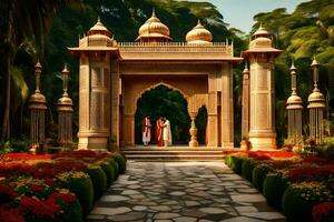 ein Mann und Frau Stehen im Vorderseite von ein indisch Stil Eingang. KI-generiert foto