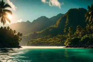 tropisch Insel mit Palme Bäume und Berge. KI-generiert foto