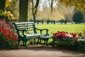 ein Park Bank umgeben durch Blumen und Bäume. KI-generiert foto