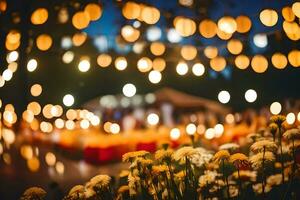 ein Feld von Blumen und Beleuchtung beim Nacht. KI-generiert foto