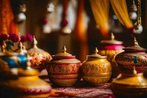 indisch Hochzeit Dekor mit bunt Töpfe und Gläser. KI-generiert foto