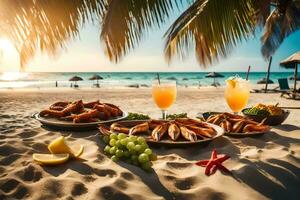 Strand Essen auf das Sand. KI-generiert foto