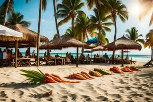 ein Strand mit mit Stroh gedeckt Hütten und Möhren auf das Sand. KI-generiert foto